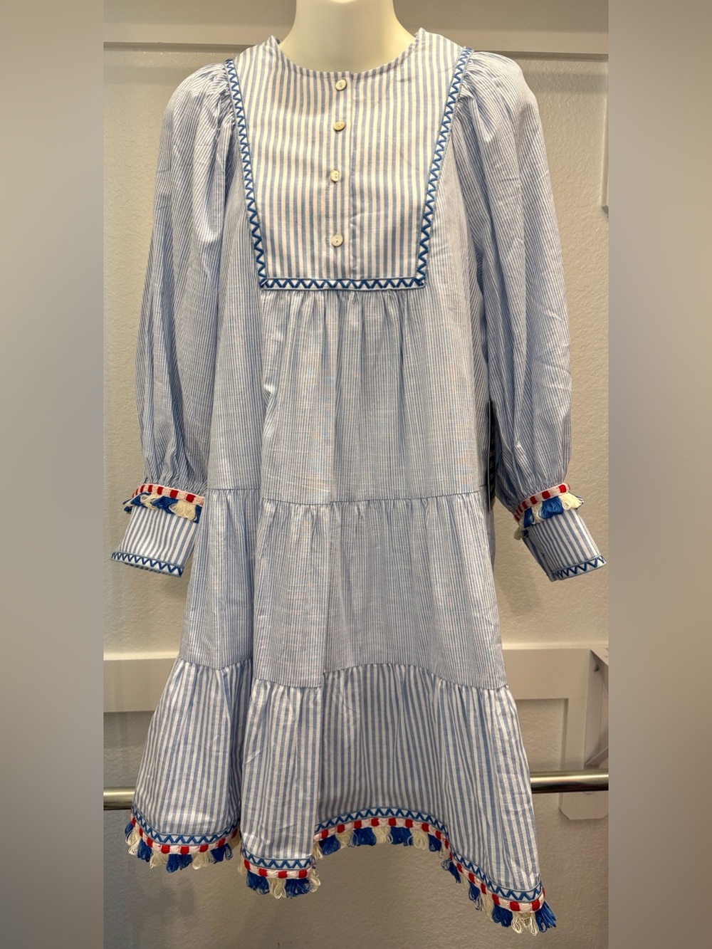 RED-WHITE-&NEW!! Tuckernuck❤️🤍💙Blue Stripe Chambray Tassel Jen Dress-NWT - Picture 5 of 5